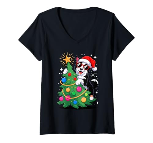 Damen Christmas Tree Border Collie Sunglasses T-Shirt mit V-Ausschnitt von Border Collie Dog Lover Gifts