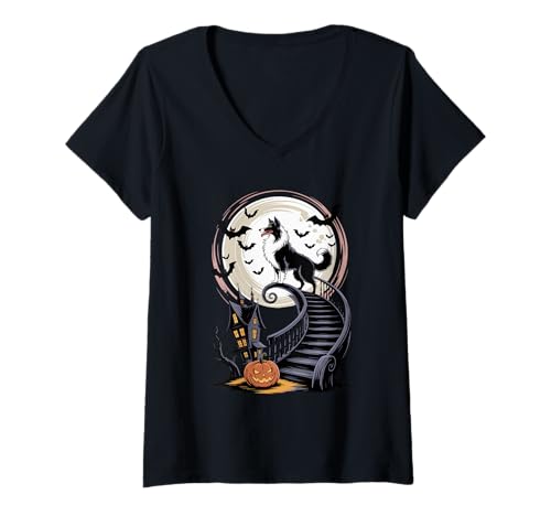 Damen Gruselig Halloween Mond Border Collie T-Shirt mit V-Ausschnitt von Border Collie Dog Lover Gifts