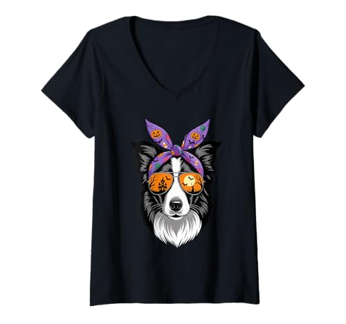 Damen Halloween Bandana Border Collie T-Shirt mit V-Ausschnitt Damen Halloween Bandana Border Collie T-Shirt mit V-Ausschnitt von Border Collie Dog Lover Gifts