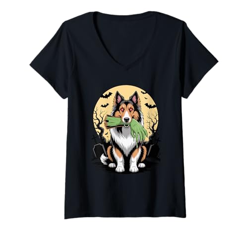 Damen Halloween Mond Zombie Hand Border Collie T-Shirt mit V-Ausschnitt Damen Halloween Mond Zombie Hand Border Collie T-Shirt mit V-Ausschnitt von Border Collie Dog Lover Gifts