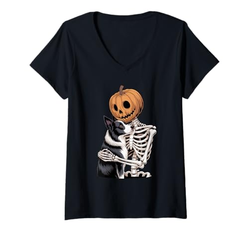 Damen Halloween Skeleton Border Collie T-Shirt mit V-Ausschnitt Damen Halloween Skeleton Border Collie T-Shirt mit V-Ausschnitt von Border Collie Dog Lover Gifts