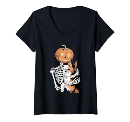 Damen Halloween Skeleton Border Collie T-Shirt mit V-Ausschnitt von Border Collie Dog Lover Gifts