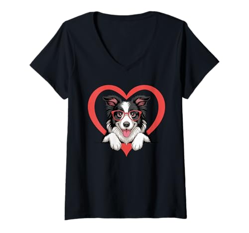 Damen Heart Border Collie Glasses T-Shirt mit V-Ausschnitt Damen Heart Border Collie Glasses T-Shirt mit V-Ausschnitt von Border Collie Dog Lover Gifts
