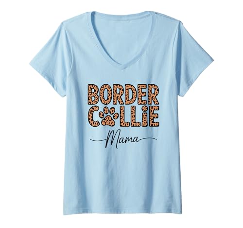 Damen Leopardenmuster Border Collie Mama T-Shirt mit V-Ausschnitt von Border Collie Dog Lover Gifts
