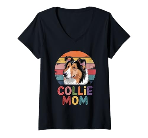 Damen Retro Sonnenuntergang Border Collie Mom Schäferhund T-Shirt mit V-Ausschnitt Damen Retro Sonnenuntergang Border Collie Mom Schäferhund T-Shirt mit V-Ausschnitt von Border Collie Dog Lover Gifts
