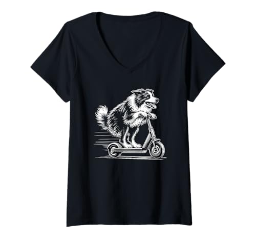 Damen Border Collie auf einem E-Scooter T-Shirt mit V-Ausschnitt Damen Border Collie auf einem E-Scooter T-Shirt mit V-Ausschnitt von Border Collie E-Scooter Designs