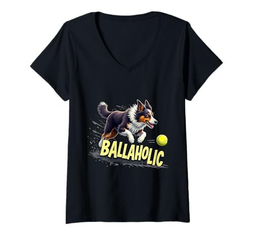 Damen Lustiger Ballaholic Border Collie Hundeball T-Shirt mit V-Ausschnitt Damen Lustiger Ballaholic Border Collie Hundeball T-Shirt mit V-Ausschnitt von Border Collie Fun Designs