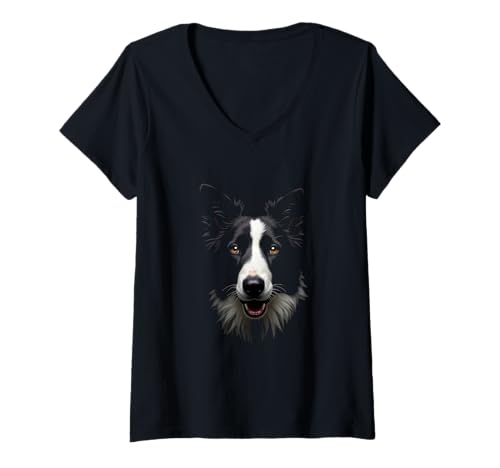 Damen Schwarzer Border Collie Dog Collie Face T-Shirt mit V-Ausschnitt von Border Collie Fun Designs