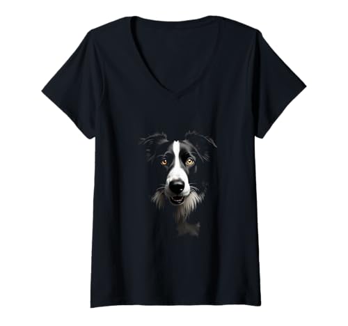Damen Schwarzer Border Collie Dog Collie Face T-Shirt mit V-Ausschnitt von Border Collie Fun Designs
