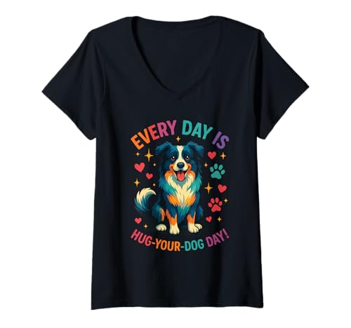 Damen Umarme deinen Hund Border Collie T-Shirt mit V-Ausschnitt Damen Umarme deinen Hund Border Collie T-Shirt mit V-Ausschnitt von Border Collie Love