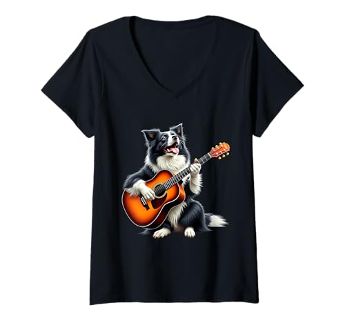 Damen Lustiges Border Collie spielt Gitarre Design für Musikliebhaber T-Shirt mit V-Ausschnitt Damen Lustiges Border Collie spielt Gitarre Design für Musikliebhaber T-Shirt mit V-Ausschnitt von Border Collie Lovers Designs