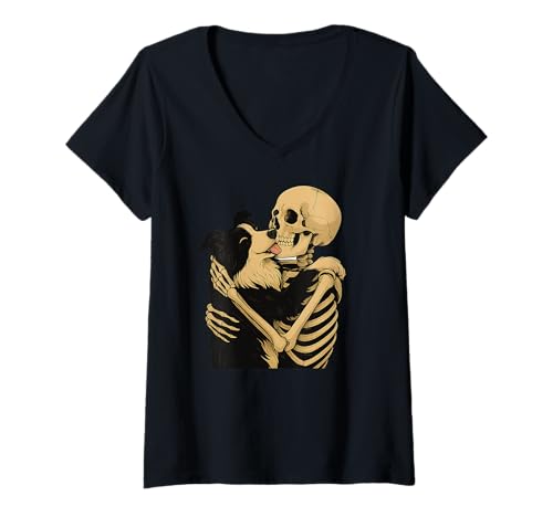 Damen Skelett umarmt Border Collie Dog Halloween T-Shirt mit V-Ausschnitt Damen Skelett umarmt Border Collie Dog Halloween T-Shirt mit V-Ausschnitt von Border Collie Mom Messy Bun Tee