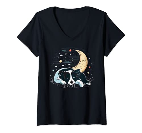Damen Napping Border Collie Pyjama auf Border Collie Sleeping T-Shirt mit V-Ausschnitt von Border Collie lover apparel Border Collie owner