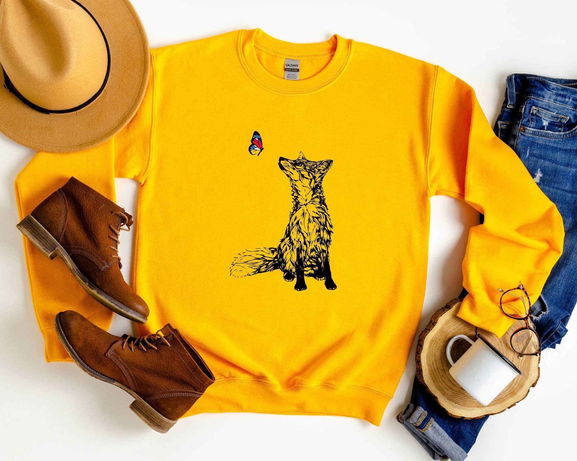 Fuchs Und Schmetterling Sweatshirt, Bio-Baumwolle, Nature Top, Vegan Freundliches Handgezeichnetes Grafik-T-Shirt, Weiche Fitted Shirts Für Frauen von BorderLes