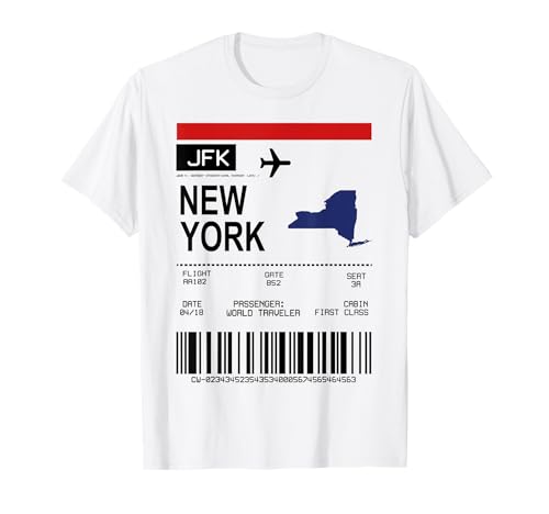 Bordkarte Flugticket New York USA Design T-Shirt Weiß S Klassische Passform Crew-Ausschnitt Kurzarm Unisex-Erwachsene Männer von Bordkarte Flugticket Flughafen Passagier Design