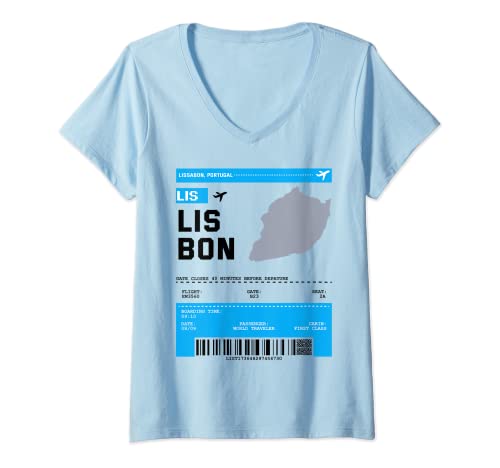 Damen Bordkarte Flugticket LIS Lissabon Flughafen Passagier Flug T-Shirt mit V-Ausschnitt von Bordkarte Flugticket Flughafen Passagier Design