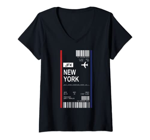 Damen Bordkarte Flugticket New York Flughafen Passagier Fluggast T-Shirt mit V-Ausschnitt von Bordkarte Flugticket Flughafen Passagier Design