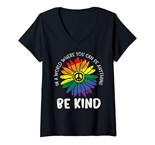 Damen World Be KInd Rainbow Daisy Peace Hippie Gay Pride LGBT Gift T-Shirt mit V-Ausschnitt von BoredKoalas LGBT Clothes Gay Pride Support Gifts