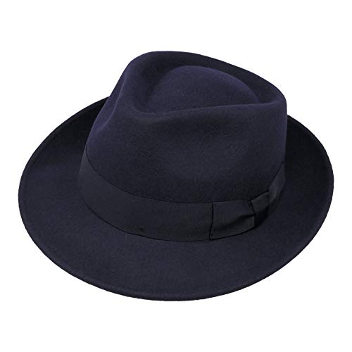 Borges & Scott B&S Premium Doyle - Teardrop Fedora Hut - 100% Wollfilz - perfekt zum Reisen - was-serabweisend - Unisex - 56cm Dunkelblau von Borges & Scott