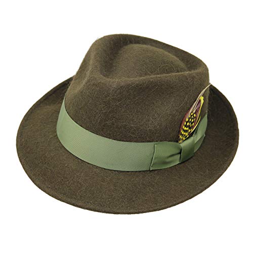 Borges & Scott Alpaka Doyle - Teardrop Fedora Hut - Alpaka Wollfilz - Abnehmbare Feder – Für die Reise aufrollbar - Wasserabweisend - Unisex - 54cm Moosgrün von Borges & Scott