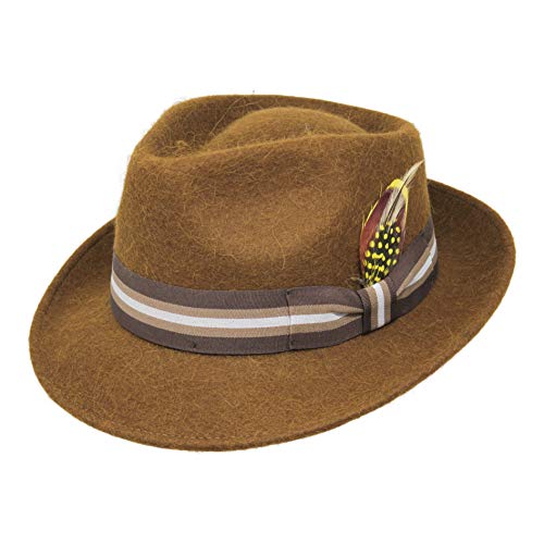 Borges & Scott Alpaka Doyle - Teardrop Fedora Hut - Alpaka Wollfilz - Abnehmbare Feder – Für die Reise aufrollbar - Wasserabweisend - Unisex - 56cm Braun von Borges & Scott