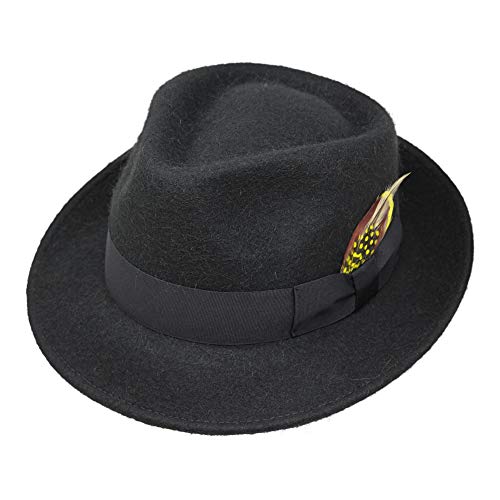 Borges & Scott Alpaka Doyle - Teardrop Fedora Hut - Alpaka Wollfilz - Abnehmbare Feder – Für die Reise aufrollbar - Wasserabweisend - Unisex - 56cm Schwarz von Borges & Scott