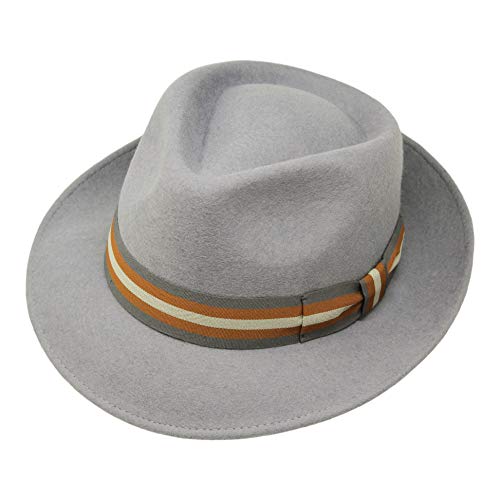 Borges & Scott B&S Premium Doyle - Teardrop Fedora Hut - 100% Wollfilz - perfekt zum Reisen - was-serabweisend - Unisex - 54cm Hellgrau von Borges & Scott