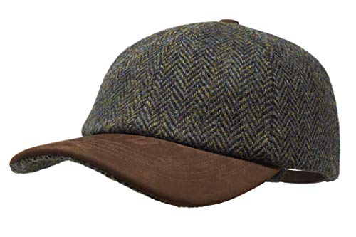 Borges & Scott Munro Baseball Cap - 100% Wolle - Harris Tweed – Schirm aus Nubuk Leder - Efeugrün Herringbone von Borges & Scott