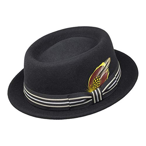 Borges & Scott Premium Defoe - Porkpie Hut mit Abnehmbarer Feder - 100% Wollfilz - Wasserabweisend - Für die Reise aufrollbar - 56cm Schwarz von Borges & Scott