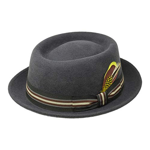 Borges & Scott Premium Defoe - Porkpie Hut mit Abnehmbarer Feder - 100% Wollfilz - Wasserabweisend - Für die Reise aufrollbar - 62cm Dunkelgrau von Borges & Scott