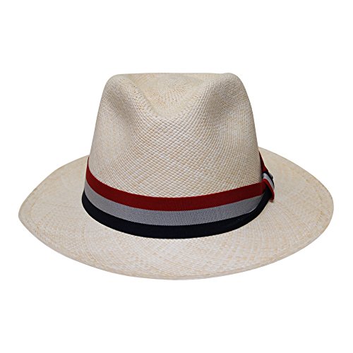 Borges & Scott Teardrop Fedora Panamahut - Natürlichen Faser handgewebt - Viele Farben - Natürlich mit antikem rotem, weißem und blauem Band - 60cm von Borges & Scott