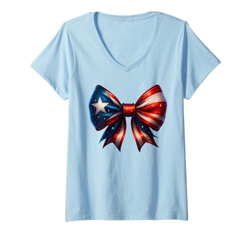 Damen Puerto Rico Flagge Frauen Schleife Puerto Rican Hispanic Heritage T-Shirt mit V-Ausschnitt Damen Puerto Rico Flagge Frauen Schleife Puerto Rican Hispanic Heritage T-Shirt mit V-Ausschnitt von Boricua Coquette Bow Puerto Rico Flag Apparel