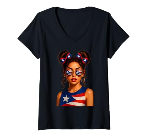 Damen Heritage-Dutt mit Flagge von Puerto Rico für Mädchen, Damen T-Shirt mit V-Ausschnitt von Boricua Puerto Rico Puerto Rican Flag Apparel