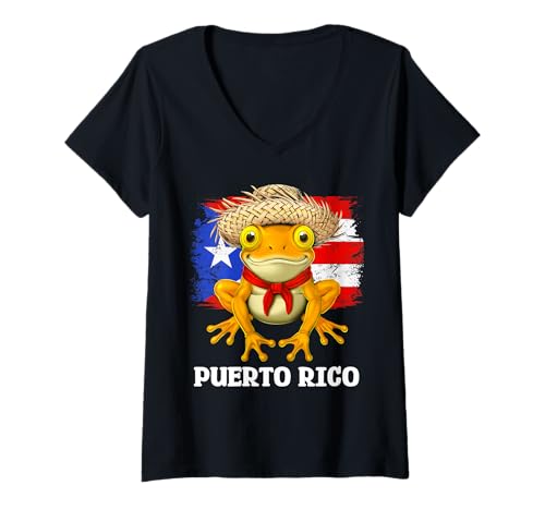 Damen Frosch Flagge von Puerto Rico Puertorikanische Boricua T-Shirt mit V-Ausschnitt von Boricua Puerto Rico Taino