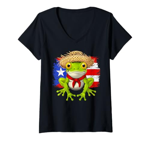 Damen Frosch Flagge von Puerto Rico Puertorikanische Boricua T-Shirt mit V-Ausschnitt von Boricua Puerto Rico Taino