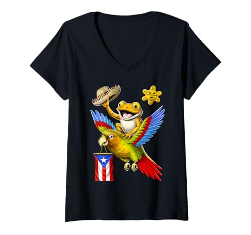 Damen Frosch Flagge von Puerto Rico Puertorikanische Boricua T-Shirt mit V-Ausschnitt von Boricua Puerto Rico Taino