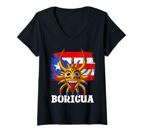 Damen Puerto Rico Vejigante Puertorikanische Flagge T-Shirt mit V-Ausschnitt von Boricua Puerto Rico Taino