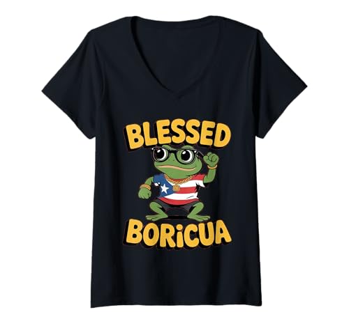 Damen Gesegneter Boricua-Puerto-Rico-Frosch im Retro-Stil, Kulture T-Shirt mit V-Ausschnitt Damen Gesegneter Boricua-Puerto-Rico-Frosch im Retro-Stil, Kulture T-Shirt mit V-Ausschnitt von Boricua Roots Rican Culture Frog Heritage Grafik