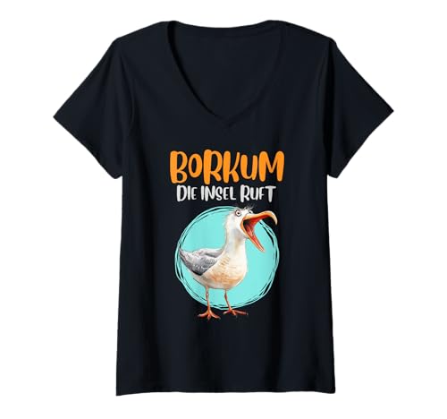 Damen BORKUM DIE Insel Ruft Lustiges Nordsee Urlaub T-Shirt mit V-Ausschnitt von Borkum Geschenk Nordsee Shirt Borkumer Insel