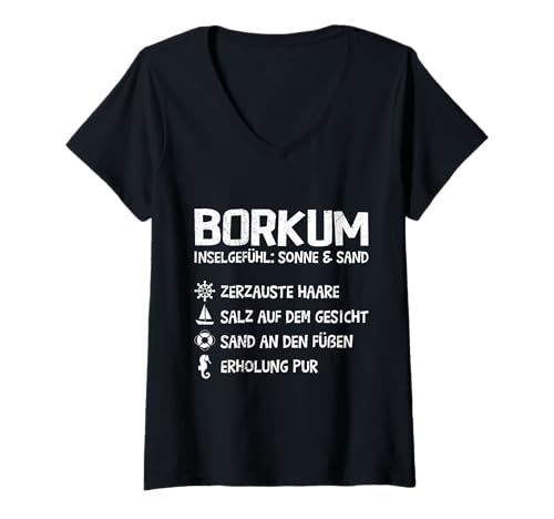 Damen BORKUM INSELGEFÜHL Sonne UND Strand Lustig Borkumer T-Shirt mit V-Ausschnitt von Borkum Geschenk Nordsee Shirt Borkumer Insel