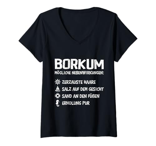 Damen BORKUM MÖGLICHE NEBENWIRKUNGEN Lustiges Nordsee Urlaub T-Shirt mit V-Ausschnitt von Borkum Geschenk Nordsee Shirt Borkumer Insel