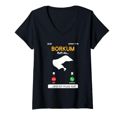 Damen BORKUM Ruft AN UND ICH MUSS LOS Lustiges Nordsee Urlaub T-Shirt mit V-Ausschnitt von Borkum Geschenk Nordsee Shirt Borkumer Insel