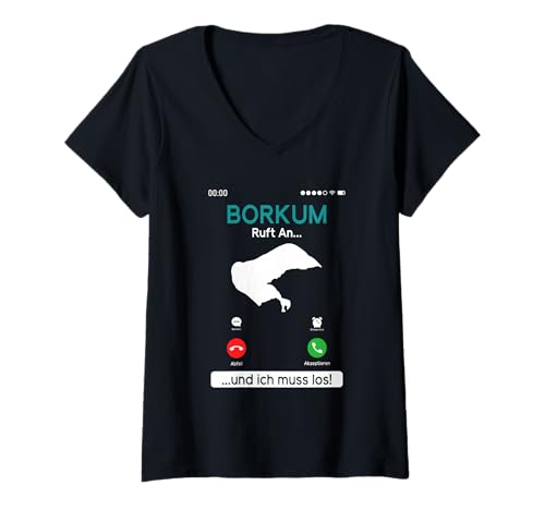 Damen BORKUM Ruft AN UND ICH MUSS LOS Lustiges Nordsee Urlaub T-Shirt mit V-Ausschnitt von Borkum Geschenk Nordsee Shirt Borkumer Insel