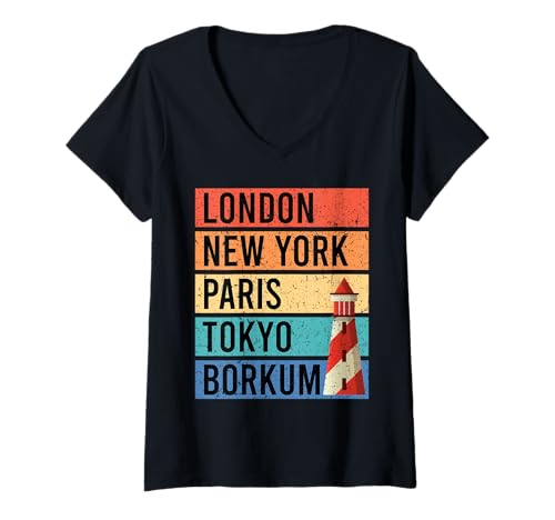 Damen Borkumer Insel London New York BORKUM Lustig Nordsee T-Shirt mit V-Ausschnitt von Borkum Geschenk Nordsee Shirt Borkumer Insel