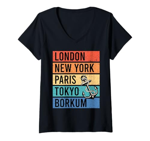 Damen Borkumer Insel London New York BORKUM Lustig Nordsee T-Shirt mit V-Ausschnitt von Borkum Geschenk Nordsee Shirt Borkumer Insel