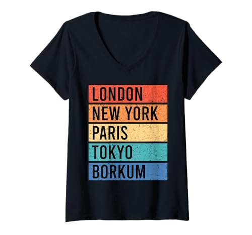 Damen Borkumer Insel London New York BORKUM Lustig Nordsee T-Shirt mit V-Ausschnitt von Borkum Geschenk Nordsee Shirt Borkumer Insel