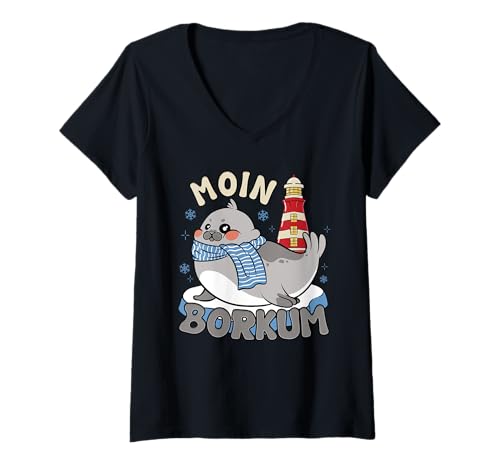 Damen Borkumer Insel Moin BORKUM Lustiges Nordsee Urlaub T-Shirt mit V-Ausschnitt von Borkum Geschenk Nordsee Shirt Borkumer Insel