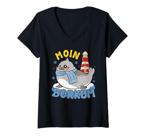 Damen Borkumer Insel Moin BORKUM Lustiges Nordsee Urlaub T-Shirt mit V-Ausschnitt von Borkum Geschenk Nordsee Shirt Borkumer Insel