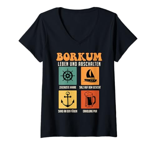 Damen Nordsee BORKUM Leben UND ABSCHALTEN Retro Lustig Borkumer T-Shirt mit V-Ausschnitt von Borkum Geschenk Nordsee Shirt Borkumer Insel
