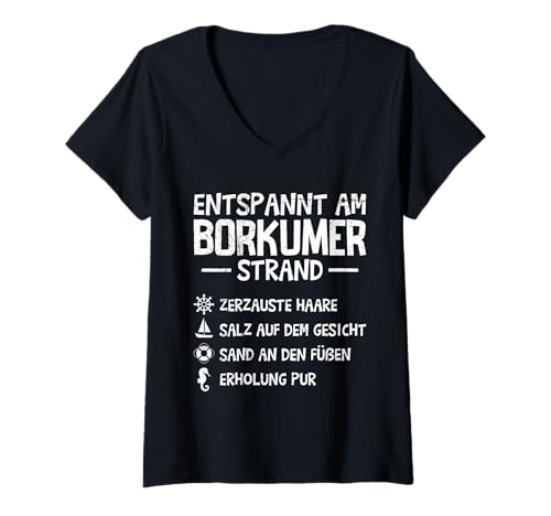 Damen Nordsee ENTSPANNT AM BORKUMER Strand Lustig Borkum T-Shirt mit V-Ausschnitt von Borkum Geschenk Nordsee Shirt Borkumer Insel